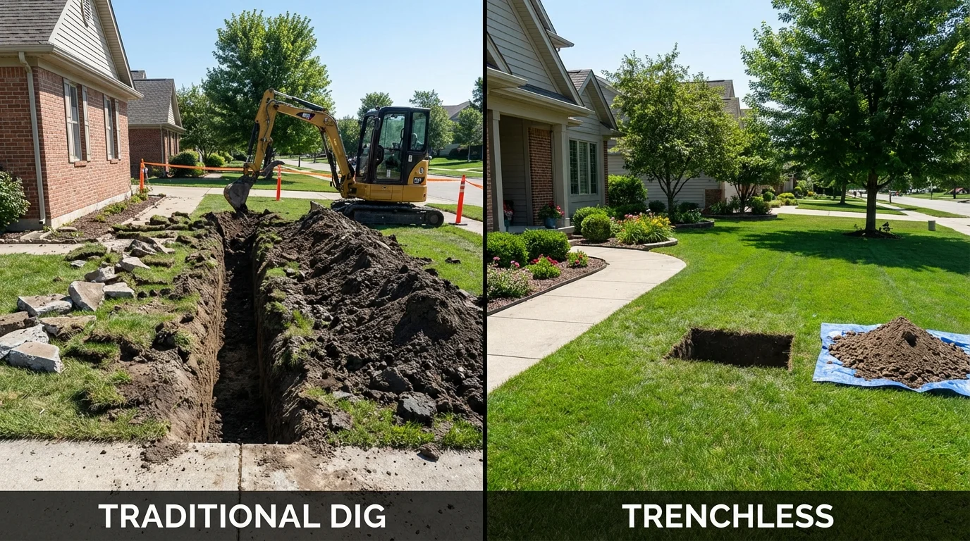 Trenchless sewer repair with minimal yard damage versus traditional excavation in Milford, NE