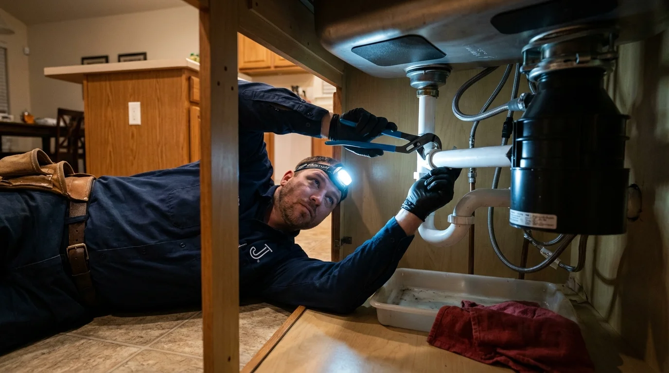 P-trap and supply line connections under a kitchen sink showing a common leak point in Milford, NE